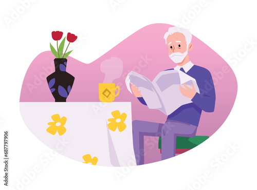 Elderly man sits in chair with cup of tea and reads newspaper at home, vector happy lonely grandfather having good time