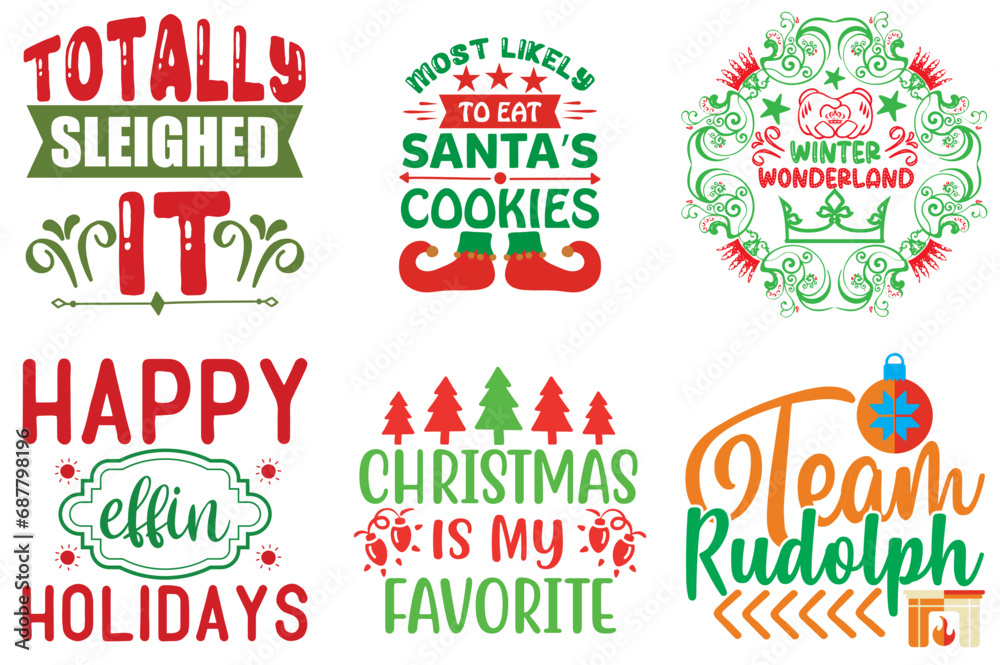 Merry Christmas and Holiday Celebration Typographic Emblems Bundle Christmas Vector Illustration for Mug Design, Book Cover, Printable