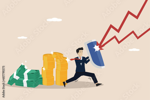 Wealth protection, investment assets in market volatility, savings in financial and economic crisis, businessman expert with strong shield to protect stack of money coins from economic crisis.