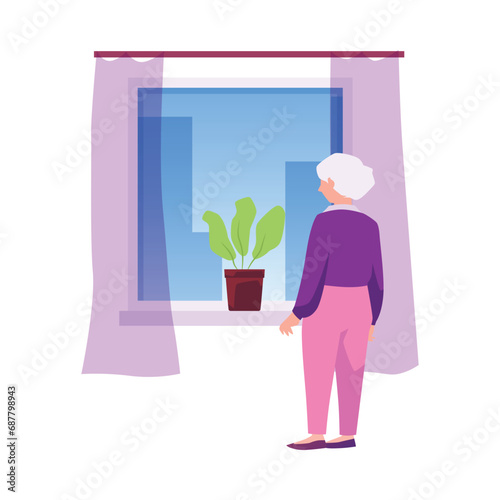 Sad elderly woman looking out the window alone, grandmother misses and waits for family vector lonely old people concept