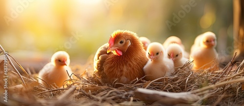 Hens hatching eggs in a rural farm. Fresh countryside eggs. photo