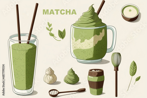 Matcha tea. set of organic tea matcha powder, tea leaves, teapot, traditional cup. Green tea ceremony. Healthy drink.
