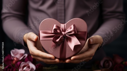 A man holding a heart-shaped box with a bow in his hands, a gift for Valentine's Day