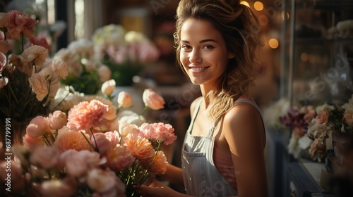 Happy pretty Florist woman in flower shop. Favorite hobbie © Natalia S.