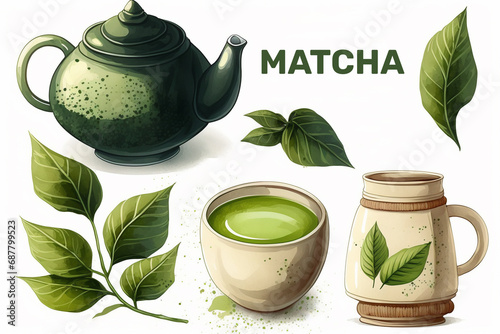 Matcha latte instruction. illustration of steps to get finished Japanese healthy drink with green tea powder, whisk, tea pot, bamboo spoon, cup, bowl, leaves. Traditional ceremony with Matcha