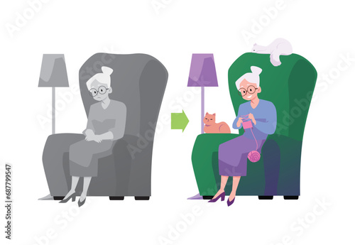 Lonely old positive and negative characters vector set, elderly woman sits in armchair with cats and knits and sad alone