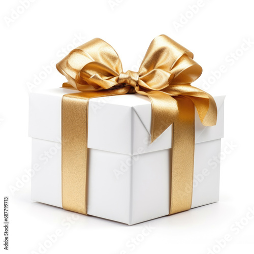 Christmas gift box with golden bow on white background © Veniamin Kraskov