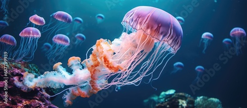 Jellyfish in the ocean can be found in aquariums  as part of underwater animal life  creating a serene ambiance with their tentacles  in the deep undersea.