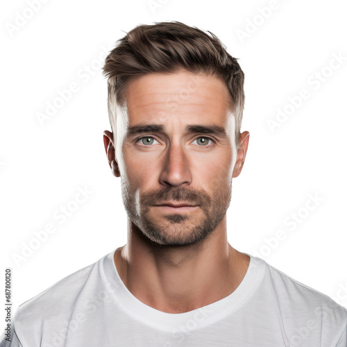 Close up portrait of a young man with serious expression isolated on white background, transparent cutout photo