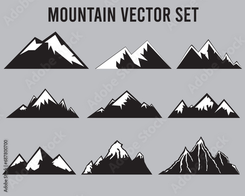 Mountains silhouettes 9 set. Rocky mountains icon or logo collection. silhouette Vector illustration.