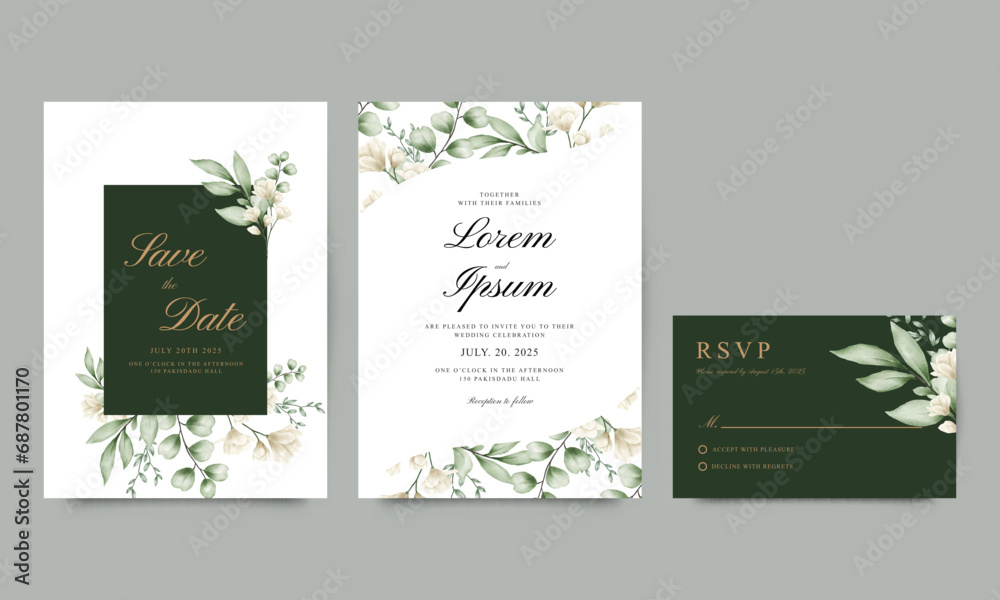 Set of elegant watercolor wedding invitation templates - obrazy, fototapety, plakaty 