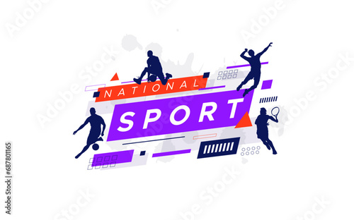 sport background, national sports day celebration concept, with abstract geometric ornament and illustration of sports athlete football player, basketball, tennis, volleyball photo