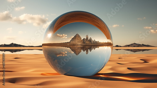 Glass ball relect desert landscape view on earth 