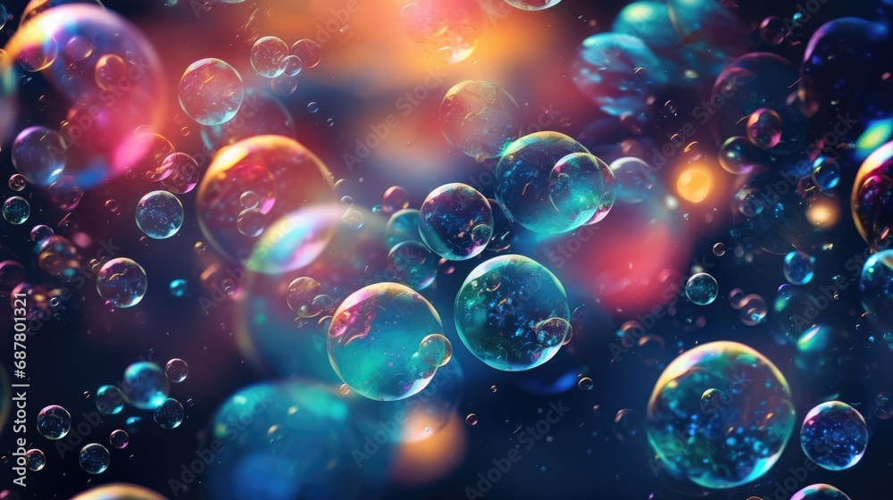 An iridescent air bubble on a background with a gradient. A lot of bubbles are flying in a chaotic manner. - obrazy, fototapety, plakaty 