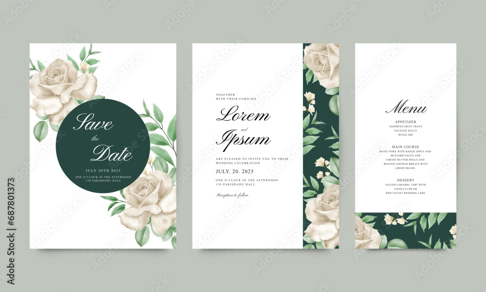 Set of elegant wedding invitations decorated with white roses and green leaves