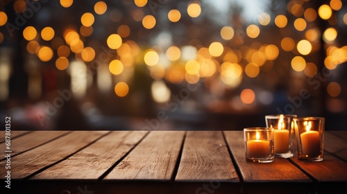 Empty wooden table with candle lights, night blurry bokeh lights background, romantic candlelight dinner table concept, Generative ai