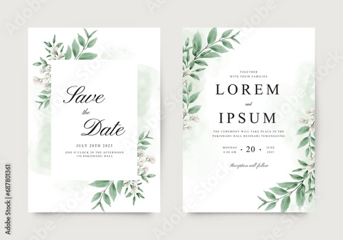 Two sided wedding invitation with green leaves and watercolor flowers