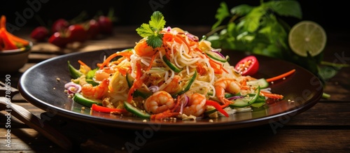 Famous Thai local food  Somtam  a papaya salad with shrimp and fermented fish.