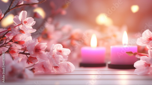 Candle with pink flowers on soft pink background. Valentine s day concept.