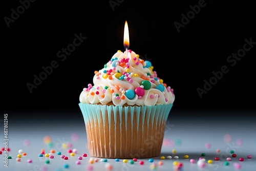 Birthday cupcake with a candle. Copy space darker background. Generative ai