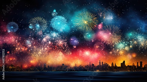 Colorful Fireworks over the City Night illustration, Generative ai