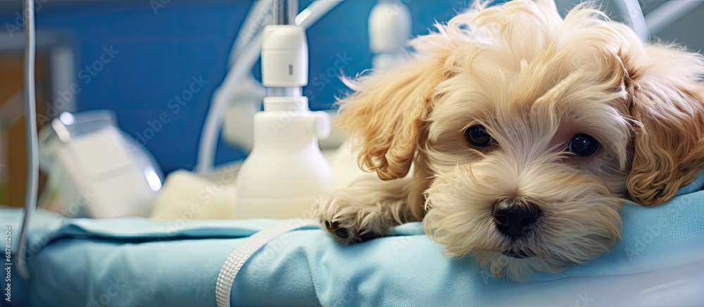 Close-up of a sick maltipoo puppy with a catheter delivering medicine through an infusion pump at a vet clinic. Close-up of a sick maltipoo puppy with a catheter delivering medicine through an infusion pump at a vet clinic.