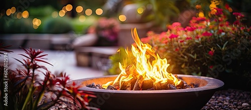 Fire pit and blazing flames in a backyard garden. photo