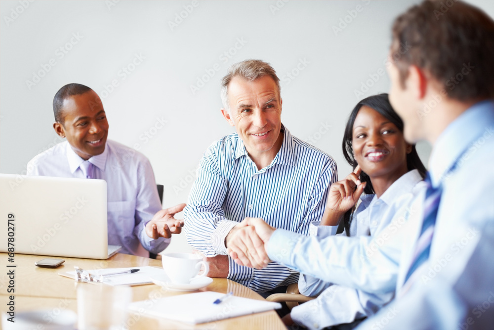 Obraz premium Business people, handshake and partnership with meeting success, b2b deal and onboarding or thank you. Professional manager, clients or mature boss shaking hands with team agreement and negotiation
