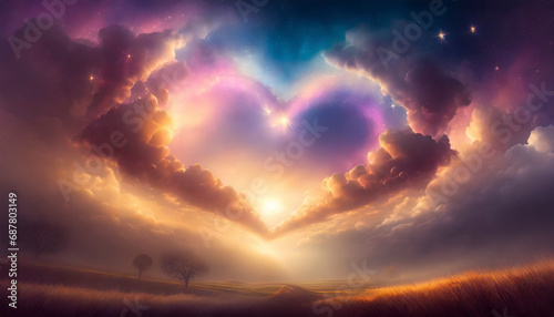 heart shaped clouds and sun in the sky, Valentine day card