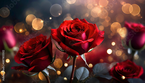 red roses on golden bokeh background, Valentine day card