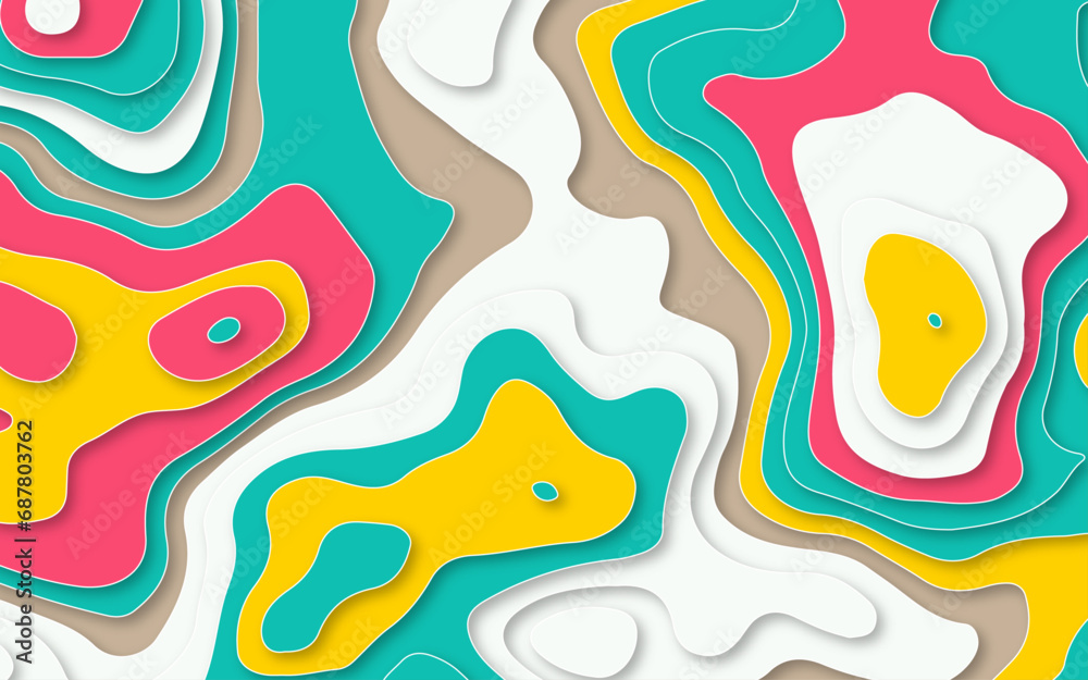 Abstract smooth pastel multi color papercut background with waves. Pastel color multi layer topography contour curve and wavy 3d paper cut wallpaper background illustration with shadow.
