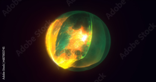 Energy abstract yellow green sphere of rapidly shimmering glowing liquid plasma, electric magic round energy ball with bursts of energy background