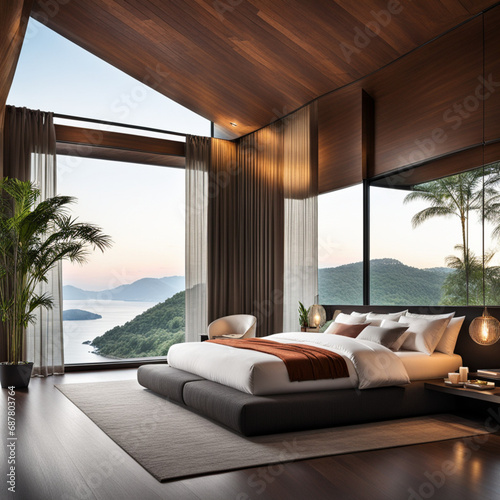 Relaxing bedroom with a platform bed, sheer curtains, and a panoramic view © rimsha