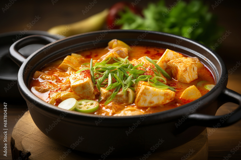 Korean kimchi stew is ready to be served. (Generative AI) 