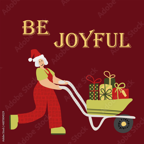 Card with people celebrate Christmas and Happy New Year with holiday elements: tree, gift, decoration, garland. Vector cartoon flat style. Old woman with trolley with gifts