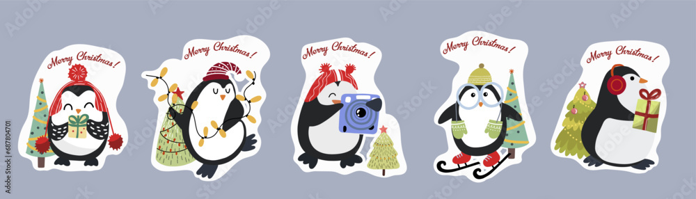 Hand drawn vector set of cute funny various penguins stickers. Flat design. Pre-made stickers with the inscription Merry Christmas. Hand drawn vector set of cute funny various penguins stickers. Flat design. Pre-made stickers with the inscription Merry Christmas.