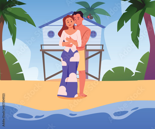 Enamored couple hugging and kissing on the beach with bungalows, vector love relationship romantic sweethearts honeymoon