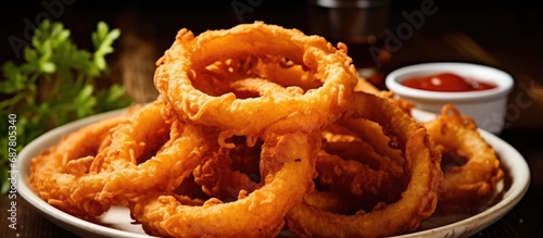 Fried onion rings with tangy tomato sauce