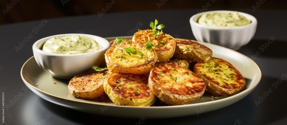 Crispy roasted crushed potatoes with creamy avocado dip on a round plate.
