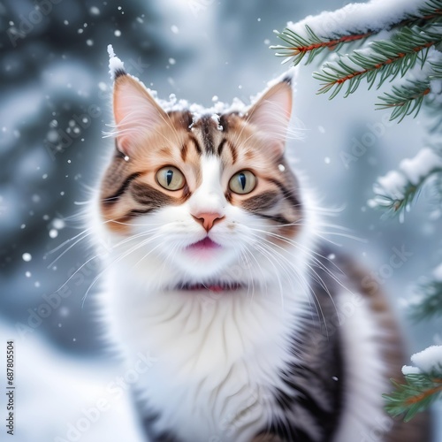 A cat under a spruce branch against the backdrop of a winter forest during a snowfall. Generative AI. © KKOSHIL