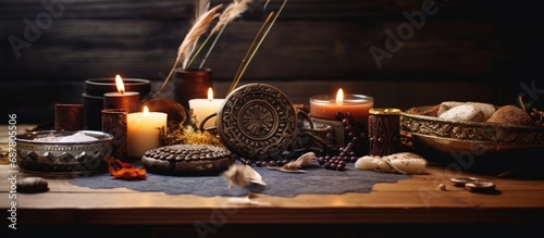 Elements of a sacred ritual on a wooden table. photo