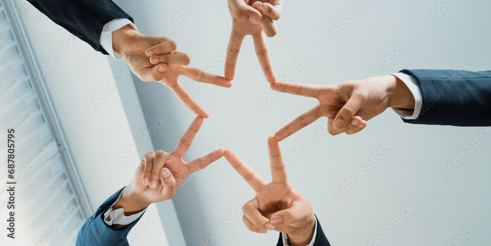 Business people collaborate business synergy and cooperation, join hand as star frame around empty blank hole copyspace for unity and teamwork for product advertise background.Panorama Shrewd - obrazy, fototapety, plakaty 