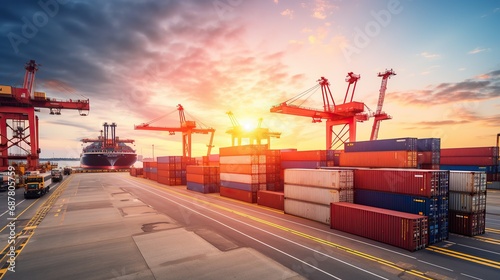 Industrial Container Cargo freight ship with working crane bridge at sunset for Logistic Import Export background