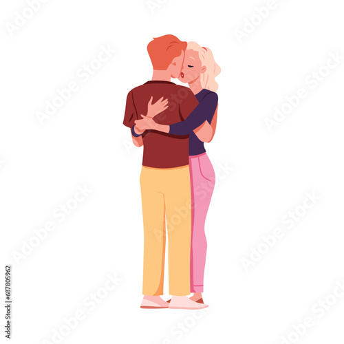 Enamored couple hugging and kissing, vector two lovers spending time together, love relationship of romantic sweethearts