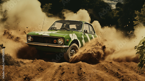 Vintage rally car splashing the dirt in retro 70s styled scene.