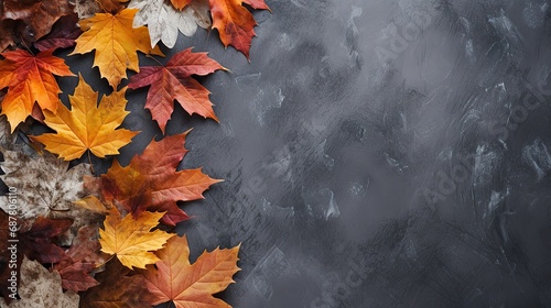 Autumn leaves on black textured background. Top view with copy space