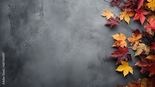 Autumn leaves on black textured background. Top view with copy space