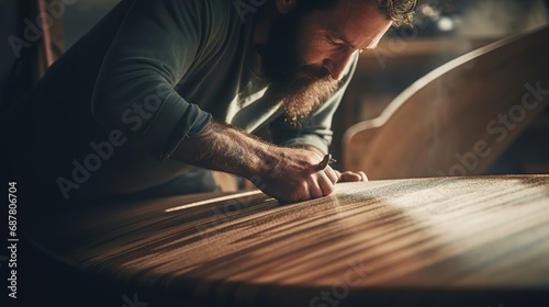 Closeup shot of a man measuring and cutting wood planks for a DIY home improvement project, building a deck in the summer photo