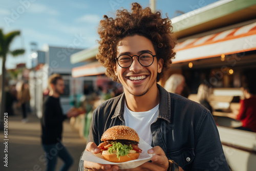 Happy customer holding hamburger and take a photo in front of food truck
