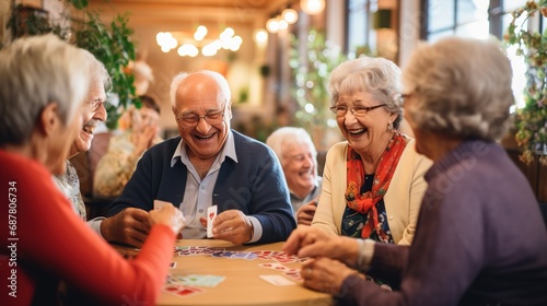 Candid shot of seniors in a lively social activity, playing cards and laughing, capturing the joy of leisure in retirement photo